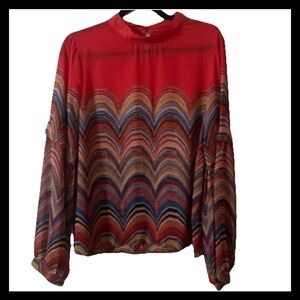 Red Chevron Wave Pattern Long-Sleeve Women's Top